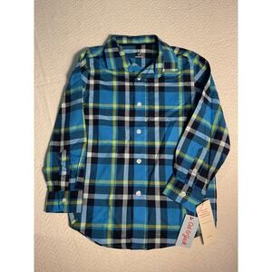 Cat & Jack Boys Plaid‎ Long Sleeve Button Up Shirt Size S 6/7 Blue Green Yellow